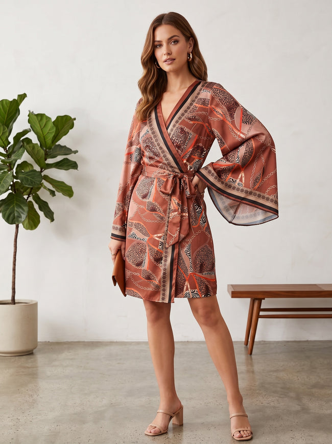 Satin Wrap Mini Dress with Chain & Animal Print – Bell Sleeves