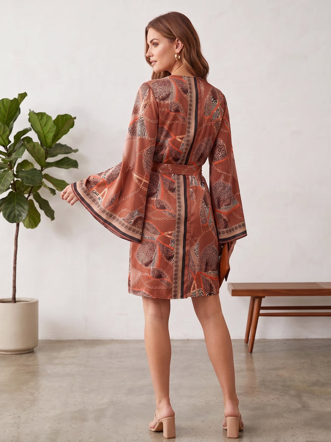 Satin Wrap Mini Dress with Chain & Animal Print – Bell Sleeves