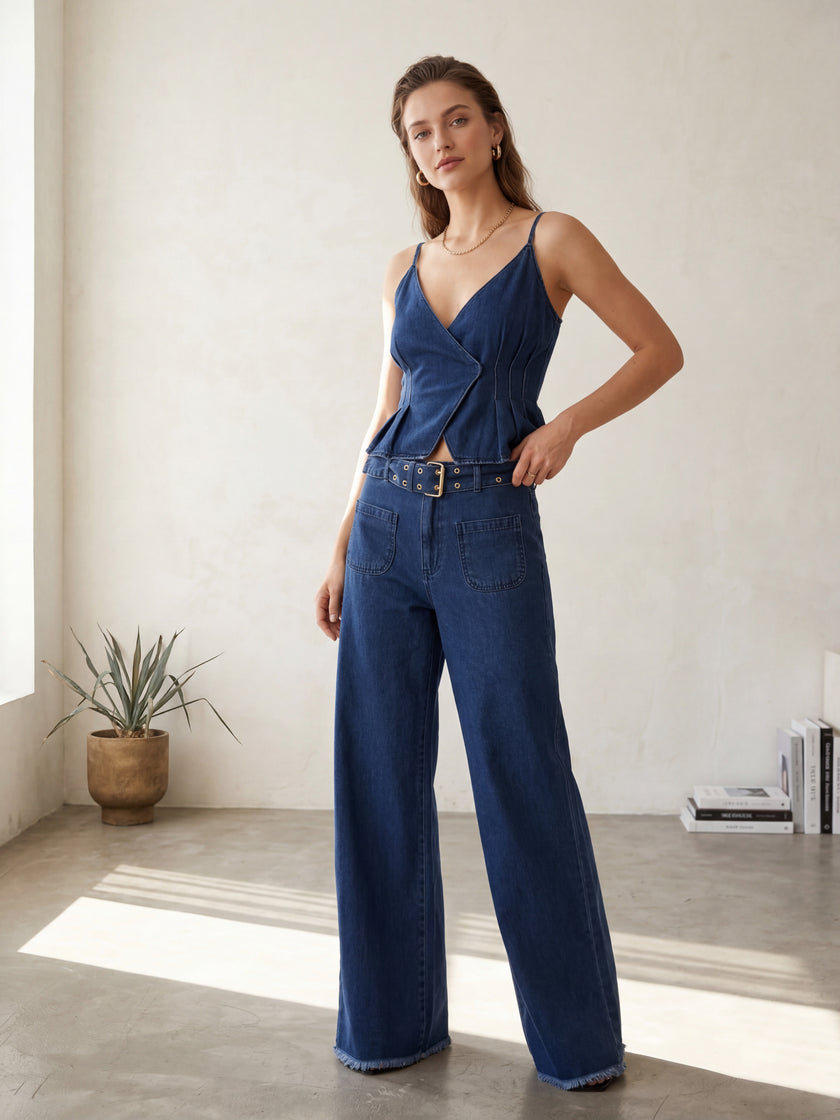 Denim Two-Piece Set – Corset Top with Buckle Back & Wide-Leg Belted Jeans