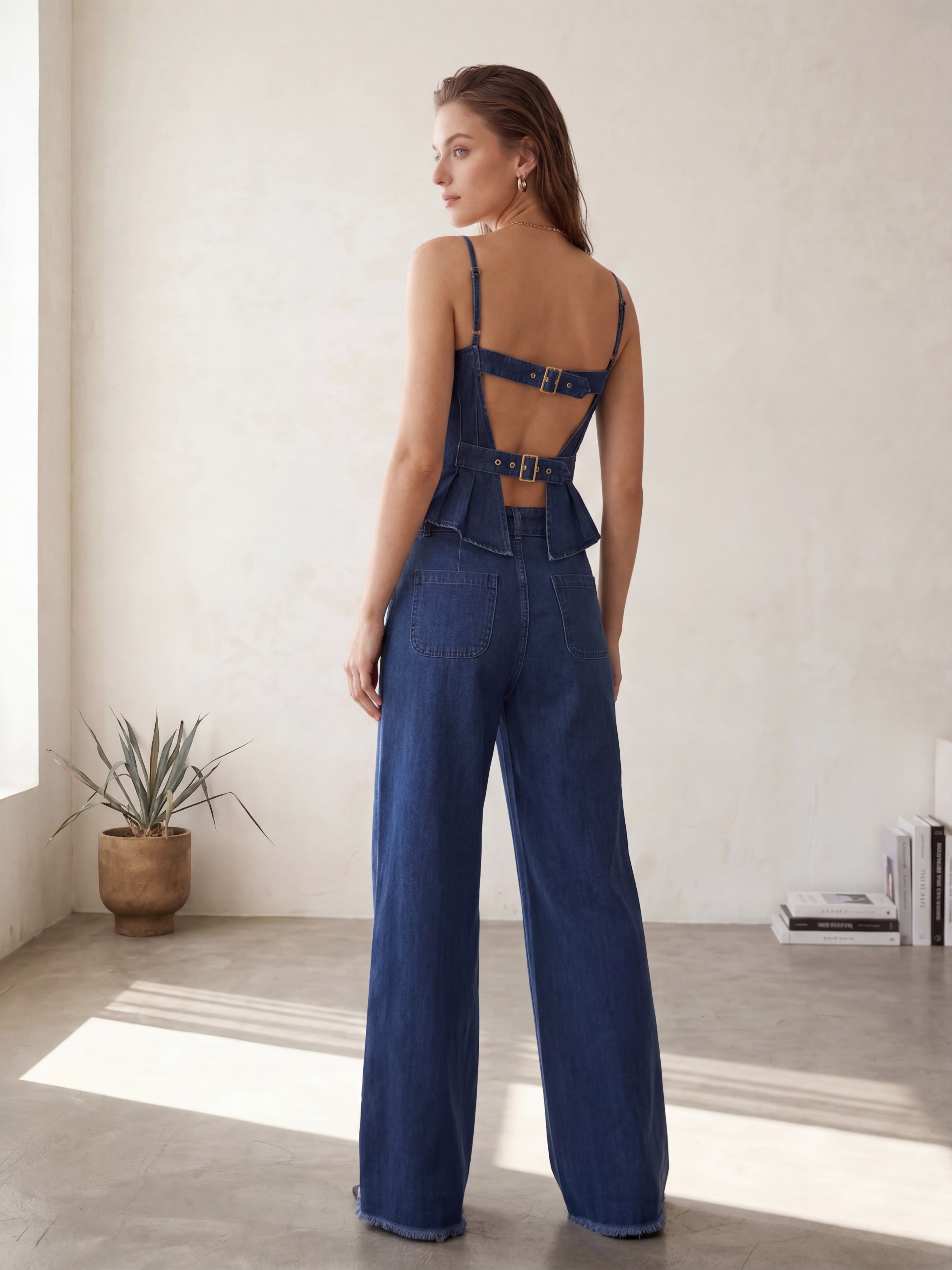 Denim Two-Piece Set – Corset Top with Buckle Back & Wide-Leg Belted Jeans