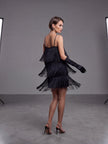 Black Fringe Mini Dress – Tiered Flapper-Style with Spaghetti Straps