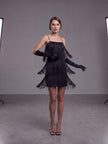 Black Fringe Mini Dress – Tiered Flapper-Style with Spaghetti Straps
