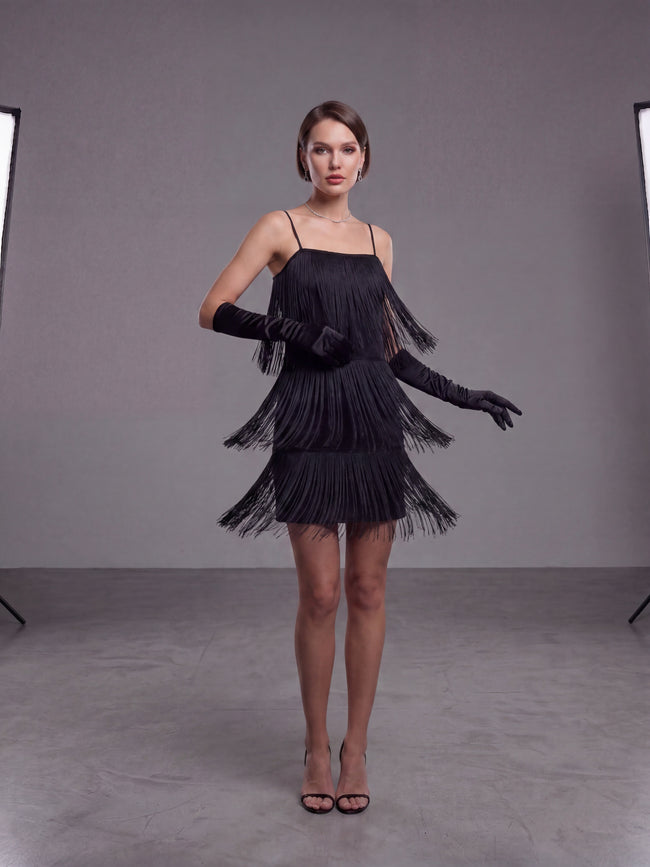 Black Fringe Mini Dress – Tiered Flapper-Style with Spaghetti Straps
