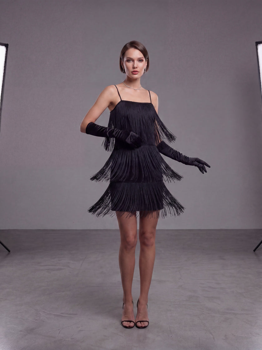 Black Fringe Mini Dress – Tiered Flapper-Style with Spaghetti Straps