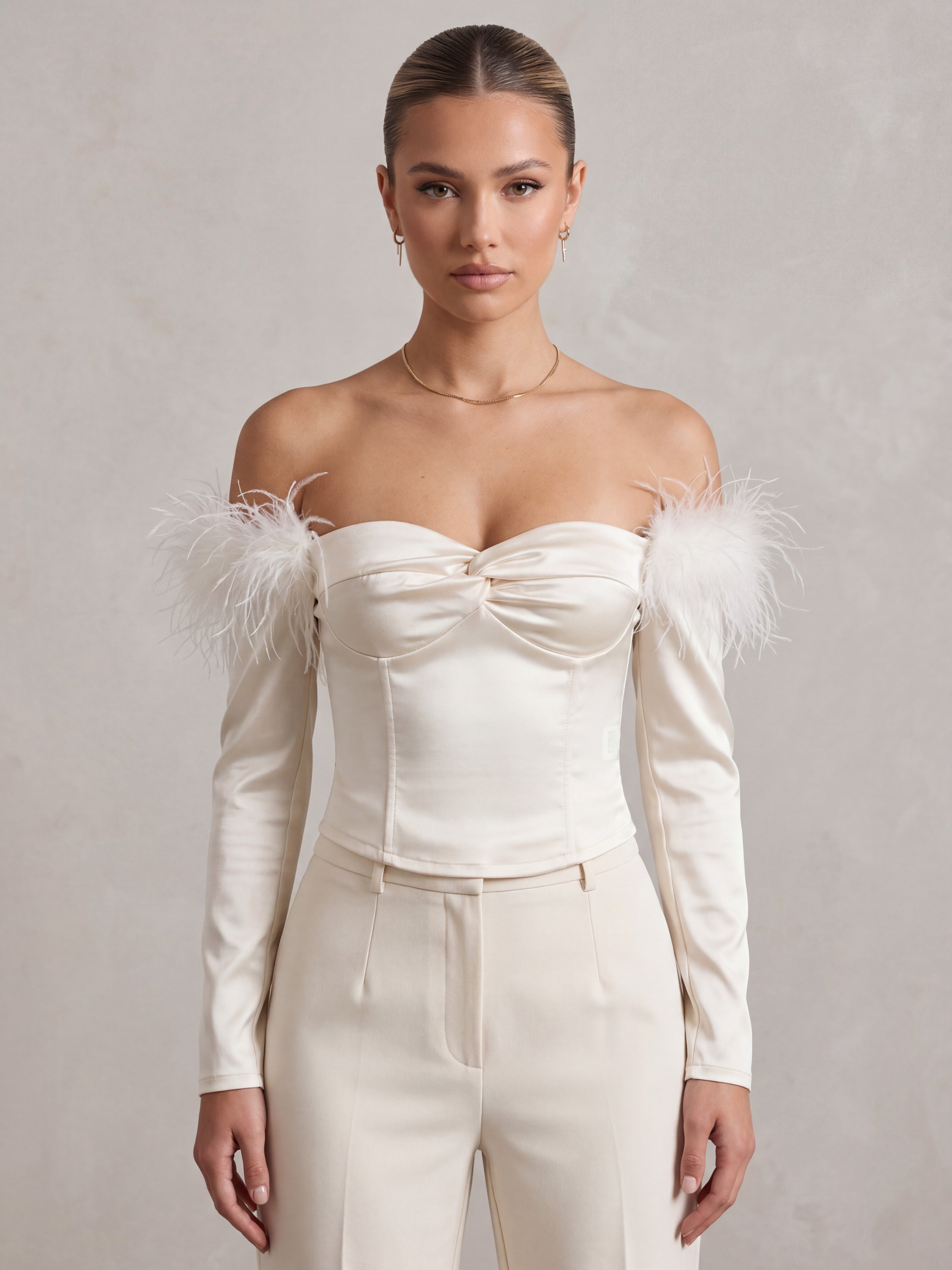 Satin Off-Shoulder Corset Top with Feather Trim & Lace-Up Back – Ivory