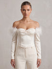 Satin Off-Shoulder Corset Top with Feather Trim & Lace-Up Back – Ivory