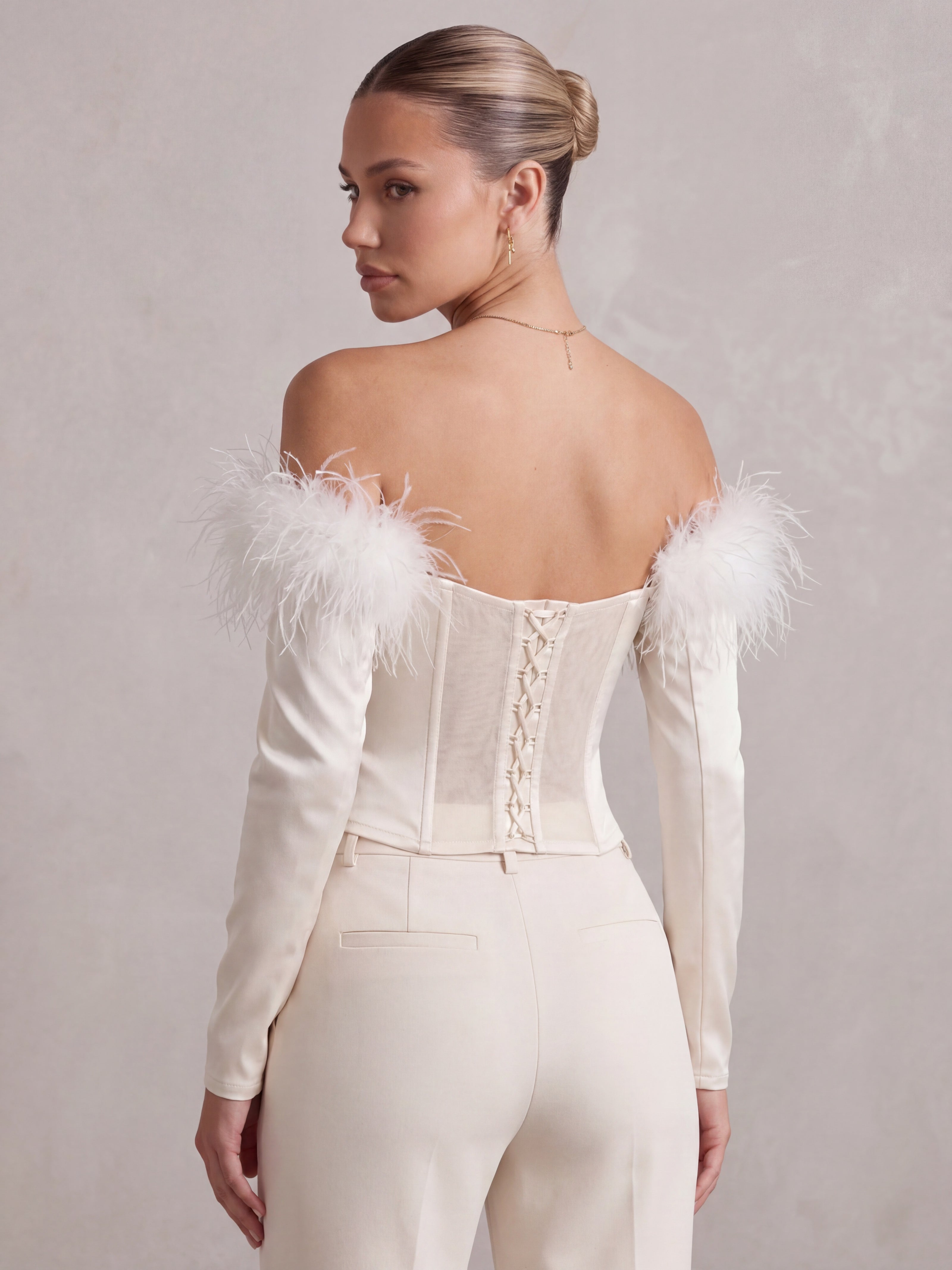 Satin Off-Shoulder Corset Top with Feather Trim & Lace-Up Back – Ivory