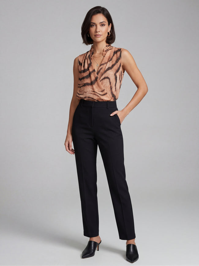 Tiger Print Sleeveless Top with Draped Cowl Neckline