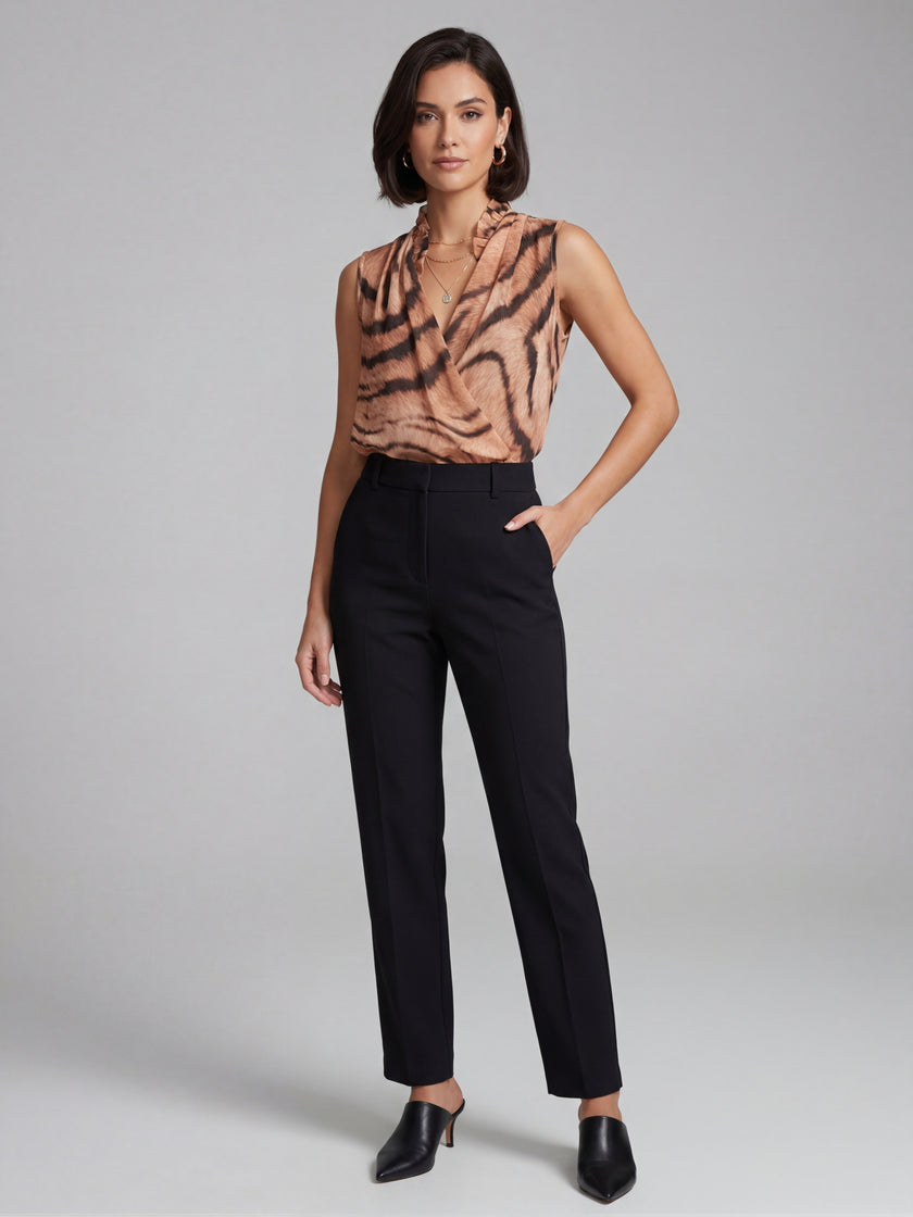 Tiger Print Sleeveless Top with Draped Cowl Neckline