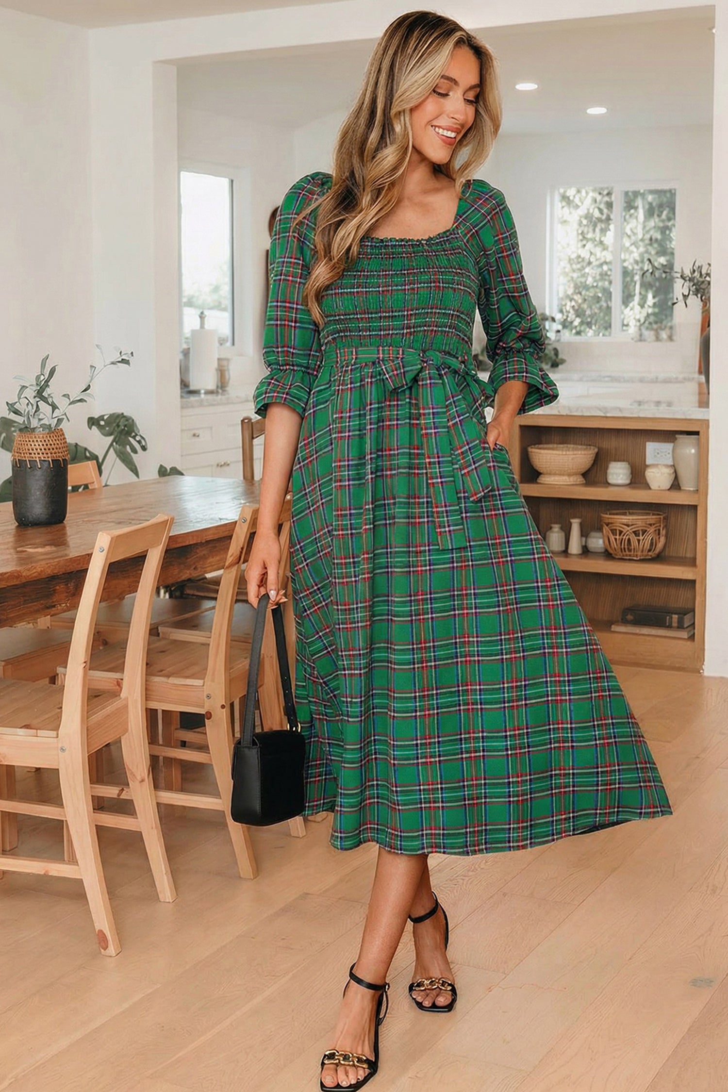 Green Tartan Plaid Square Neck Puff Sleeve Knot Waist Flared Midi Dress