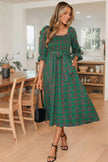 Green Tartan Plaid Square Neck Puff Sleeve Knot Waist Flared Midi Dress