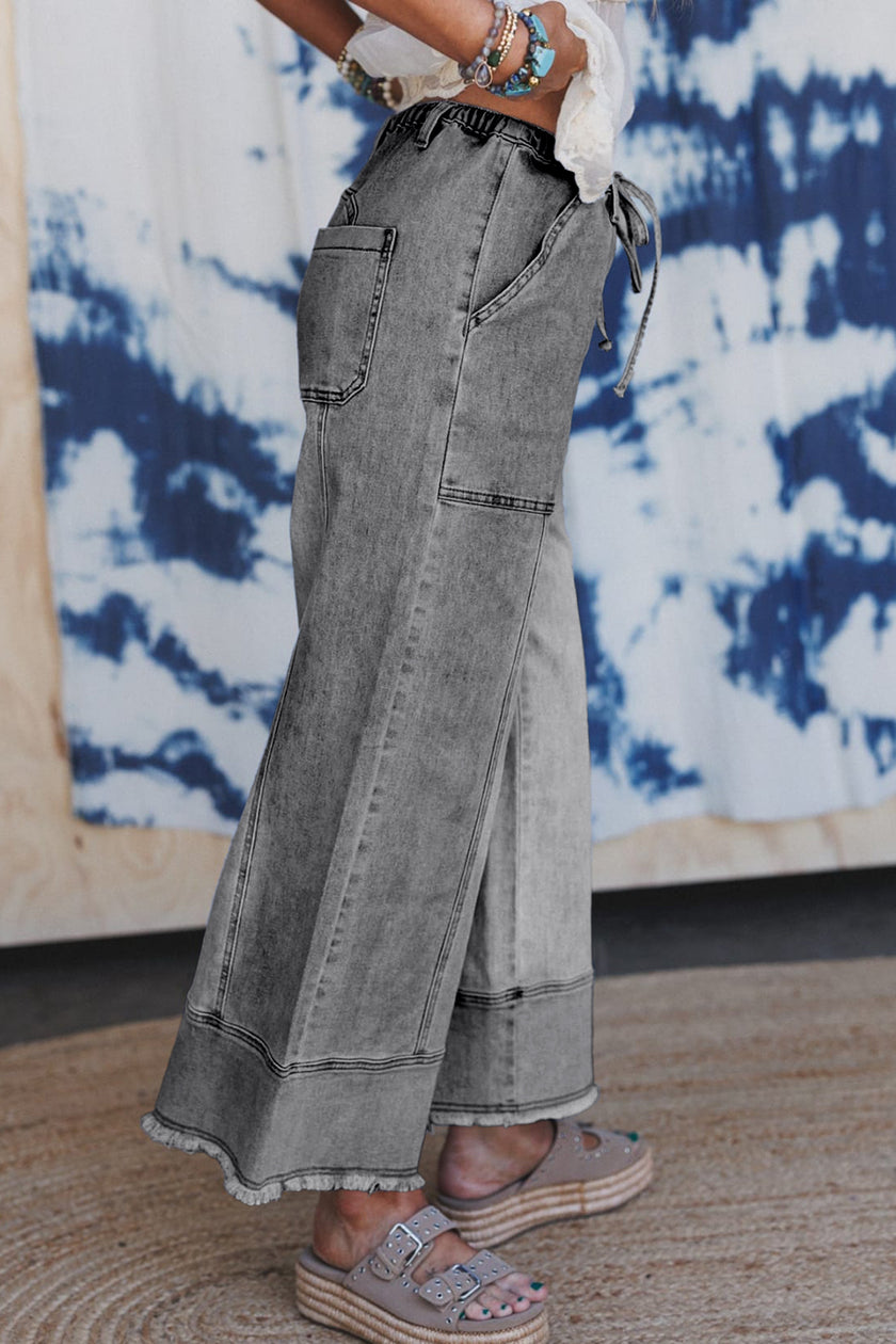 Beau Blue Drawstring Seam Detail Raw Hem Wide Leg Denim Pants