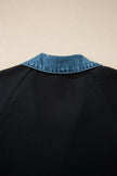 Black Waffle Knit Denim Contrast Trim Patchwork Button Polo Tee Dress