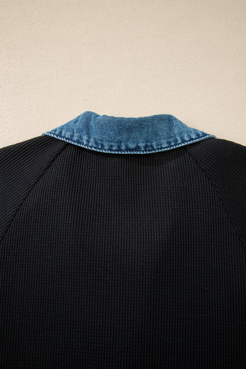 Black Waffle Knit Denim Contrast Trim Patchwork Button Polo Tee Dress