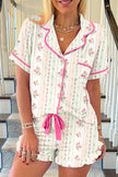 Pink Bow Print Contrast Pipping Short Pajamas Set