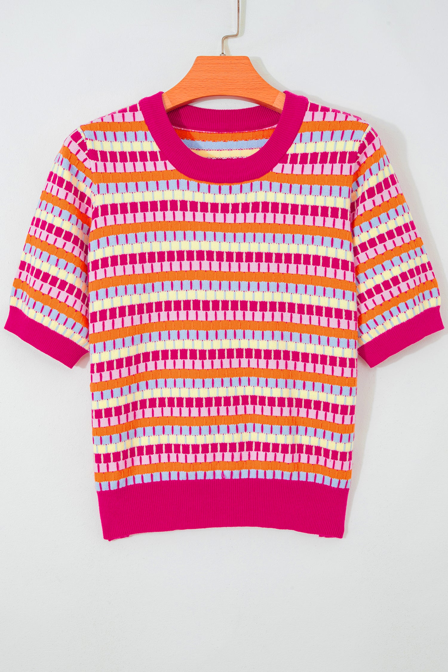 Purple Abstract Striped Knit Short Sleeve Sweater