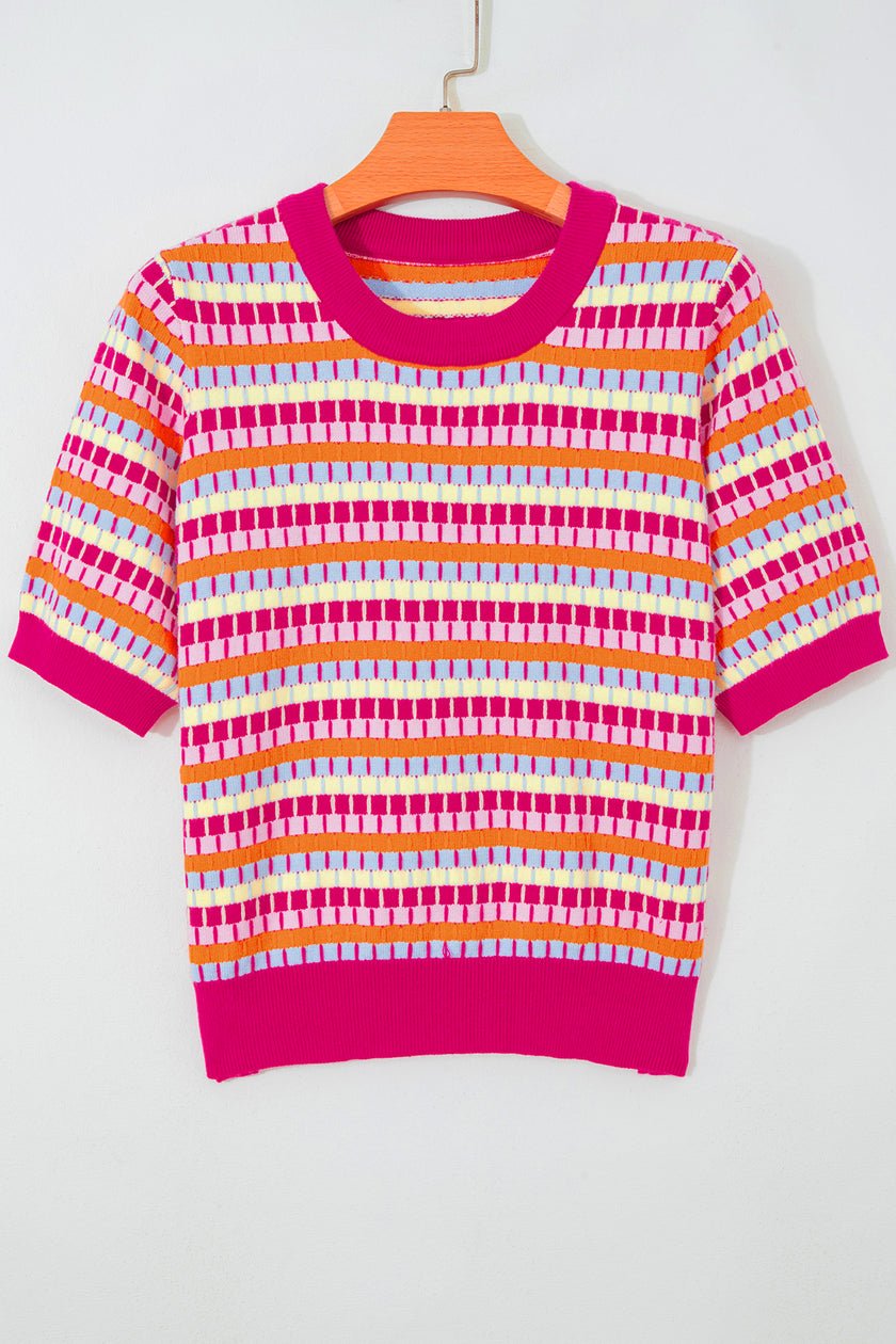 Purple Abstract Striped Knit Short Sleeve Sweater