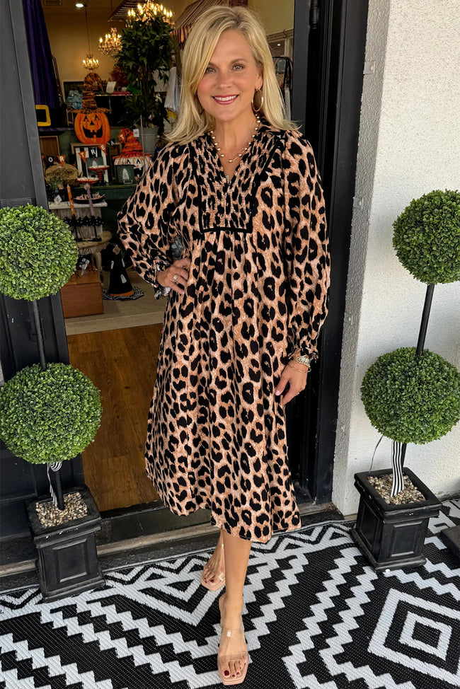 Brown Leopard Print Smocked Detail Flowy Midi Dress