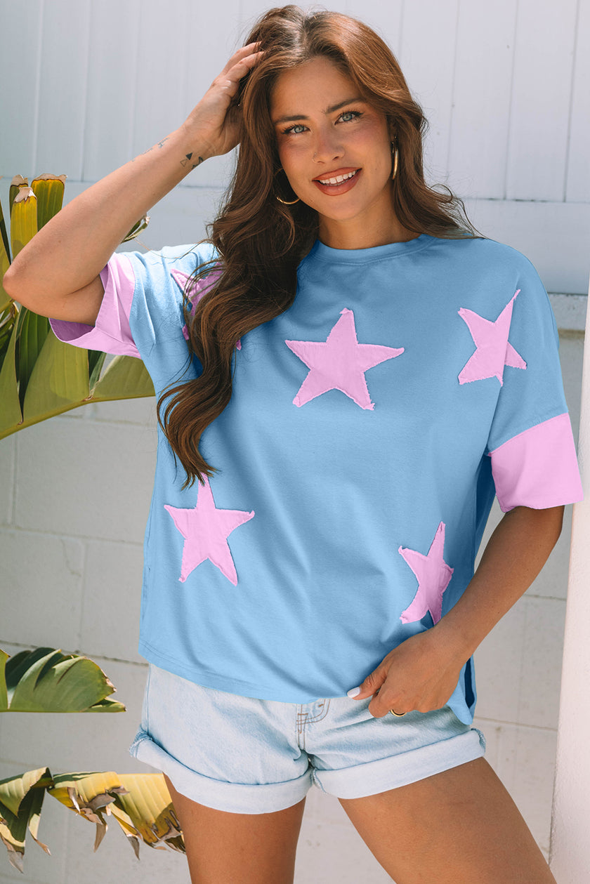 Aruba Blue Frayed Denim Star Patched Oversize T Shirt