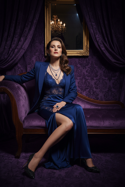 Sensual fashion sitting pose with dark royal background